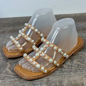Nicole Miller New York “Hobbin” Pearl Embellished Slide Sandals – Size 8